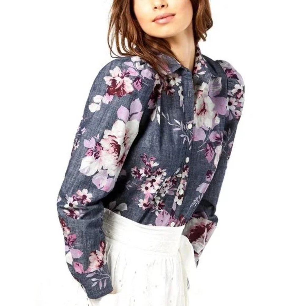 Floral Button-Up Blouse in Navy and Pink